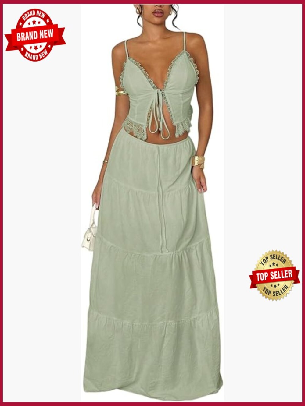 Two Piece Outfit Lace Trim Tie Front Camisole Maxi Skirt Set